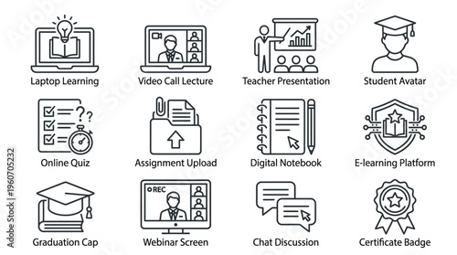 A comprehensive set of line art icons depicting various aspects of online learning, digital education, and e-learning platforms, including lectures, quizzes, assignments, and graduation.