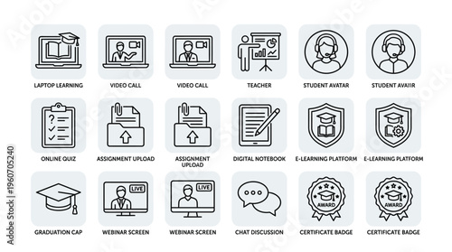 Collection of online education and e-learning line icons, including laptop learning, video calls, teacher, student, assignments, quizzes, and graduation.