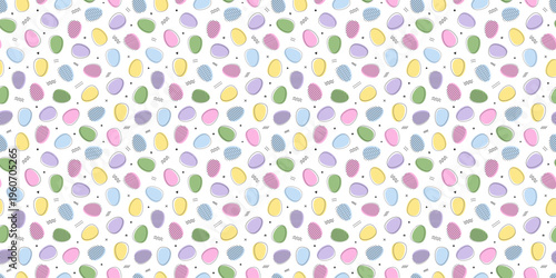 Easter Geometric seamless pattern.Bright color 90s memphis endless design. Vector illustration for print, banner, wrapping paper. Retro painted eggs, geometric shapes, lines on white background.