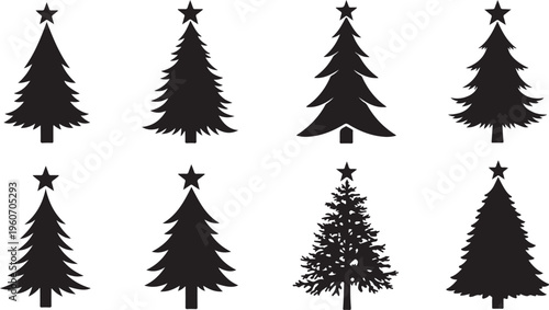 Charming winter village silhouette with cozy homes, snowy trees, and festive stars twinkling above, perfect for holiday cards