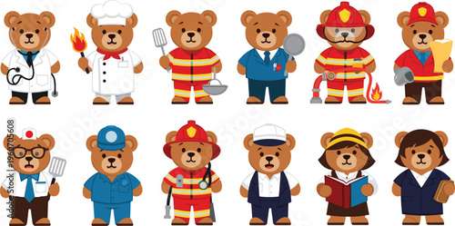 Cute teddy bear professions collection with doctor chef firefighter worker teacher police outfits colorful cartoon vector illustration set