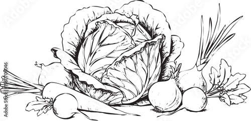 Black and white illustration of assorted vegetables