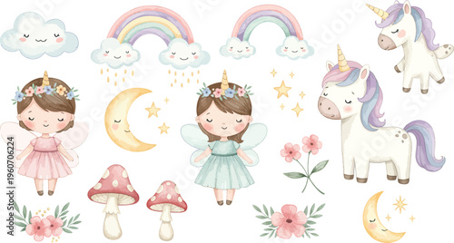 Whimsical illustration of fairy tale elements with princesses unicorns and magical objects in pastel colors