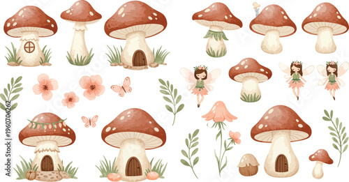 Watercolor illustration of various mushroom caps and stems with flowers and foliage on white background