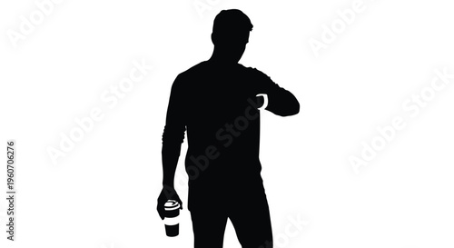 Black silhouette man, coffee cup, modern minimalist vector, daily life icon