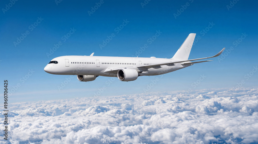 Obraz premium Side profile of White airplane commercial jet plane Airbus A350 cruising through clear blue sky. Elegant minimalist aviation photography for travel industry brochures and airline marketing.