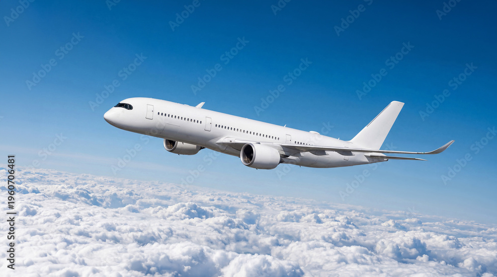 Obraz premium Dynamic angle of White airplane commercial jet plane Airbus A350 banking over fluffy white clouds. High quality stock image of modern aviation transport for corporate and travel advertising.