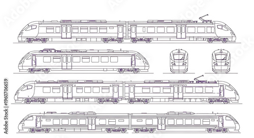 Intercity Express Train AutoCAD Blueprint Vector – High Speed Rail Multiview Technical Drawing Purple Outline