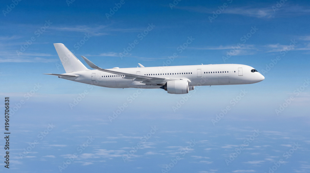 Obraz premium Close up wing view of white airplane commercial jet plane Airbus A350 flying stable over the ocean of clouds with clear blue sky for vacation and leisure advertising