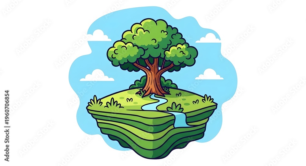 Fototapeta premium A cartoon illustration of a tree on a grassy cliffside with a stream running through it under.