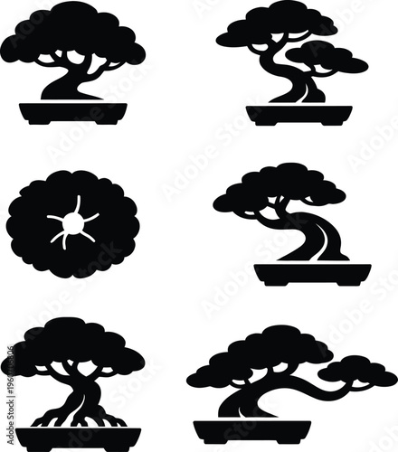 Black silhouette bonsai trees on white background
