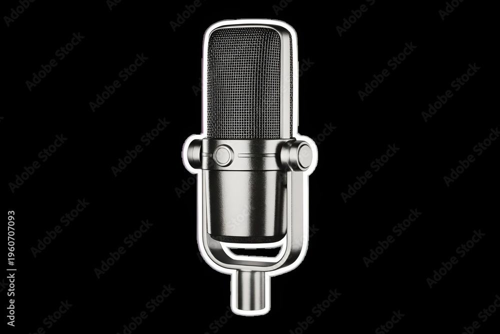 Fototapeta premium A silver studio microphone stands isolated on a stark black background