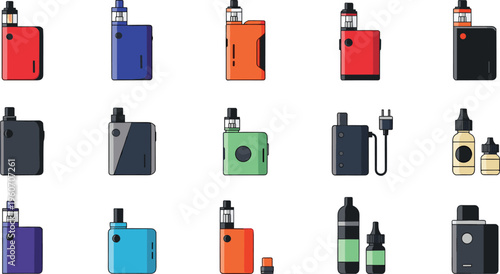 Vape device collection with e cigarette kits mods pods bottles modern smoking gadgets vector illustration set