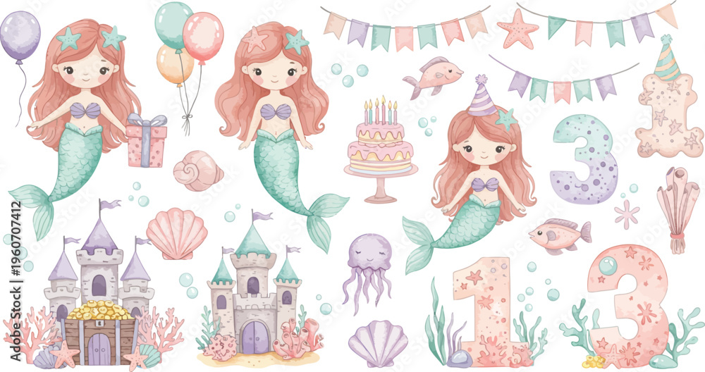 Obraz premium Whimsical mermaid illustrations with pastel colors and festive decorations for kids