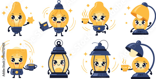 Cute cartoon lamp characters collection with glowing bulbs lantern desk lights kawaii mascots vector illustration set