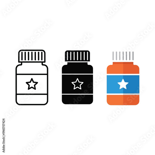 Three distinct pill bottles with star symbols representing different brands or products