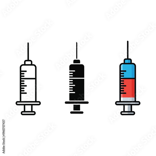 Three types of syringes illustrated in a simple black and white design