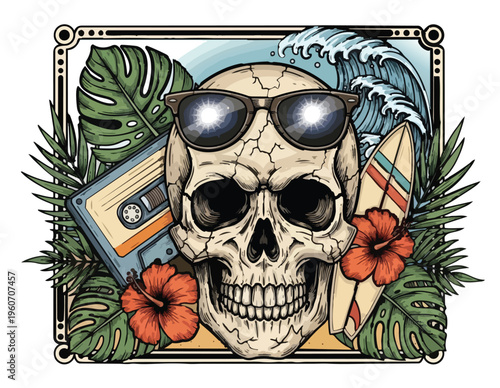 Vintage skull with sunglasses and surf elements in tropical design