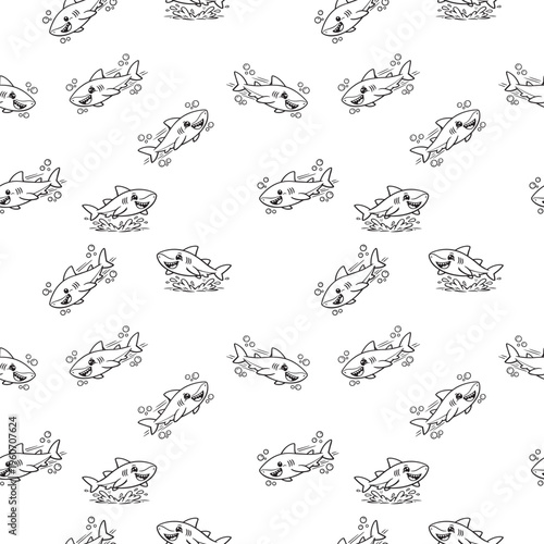 seamless pattern featuring sharks in black and white line art