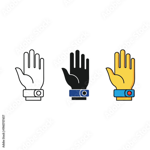 Three stylized hands wearing different colored wristbands with a circular button