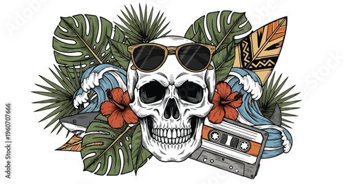 Skull with Sunglasses Surrounded by Tropical Leaves and Surf Elements