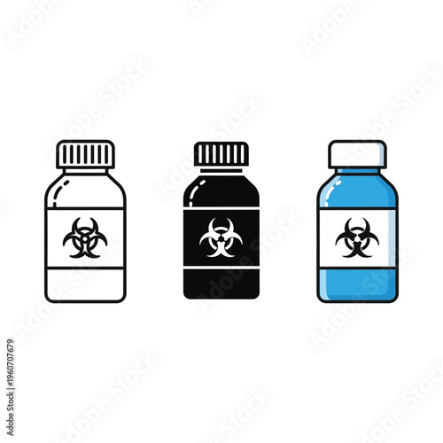 Three bottles with biohazard symbols indicating hazardous substances inside