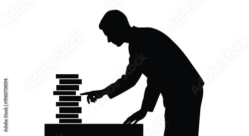 Businessman silhouette, stacking blocks, office concept, organizational skills