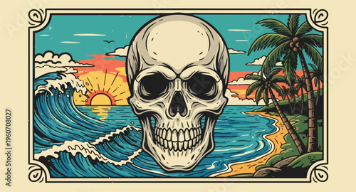 Vintage Skull Art with Tropical Beach and Ocean Waves