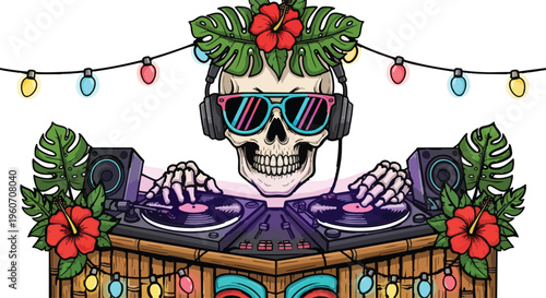 Colorful DJ Skeleton with Headphones Mixing Music at Tropical Party