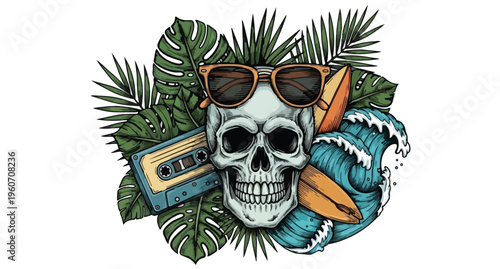 Retro Skull Illustration with Surfboard and Tropical Elements