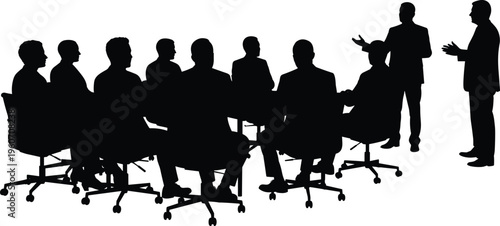 Business conference silhouette, corporate team meeting, speaker presentation session, professional discussion group, leadership training, seminar workshop, office board discussion.