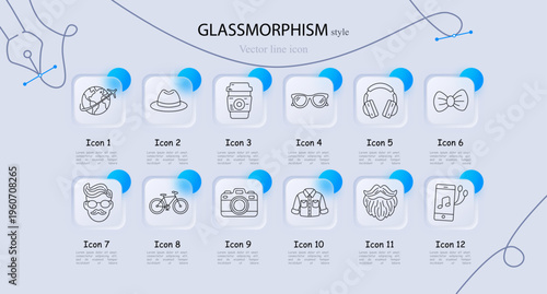 Lifestyle fashion accessories set icon. Line symbols with globe airplane travel, fedora hat, takeaway coffee cup, sunglasses, headphones, bow tie, hipster hairstyle moustache, bicycle, camera