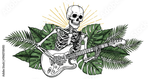 Skeleton playing electric guitar surrounded by tropical leaves