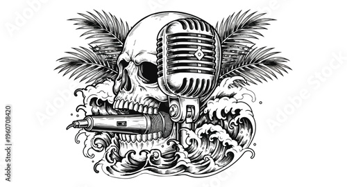 Vintage microphone and skull with palm leaves and waves design