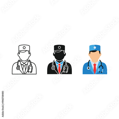 Three medical professionals wearing different attire and face coverings