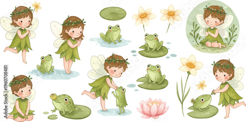 Whimsical illustrations of a little girl and friendly frogs in a garden setting with flowers and leaves