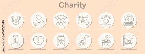 Charity set icon. Line symbols depict winged coin, helping hand, group support, online donation, home care, charity stand, plant heart, money heart, donation jar, giving hand