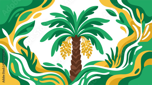Arafah Palm Tree with Dates amidst Lush Green Yellow Organic Flowing Shapes, Perfect for Islamic Hajj Celebration Culture, Modern Flat Vector Vibrant Green Yellow Illustration Design Element.