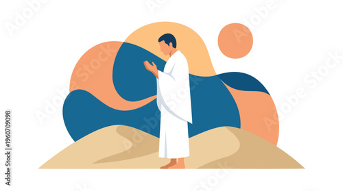 Muslim Pilgrim Man in Ihram Praying on Desert Dunes for Arafah Hajj Ritual. Spiritual Devotion Flat Illustration with Earthy Tones Vector Graphic.