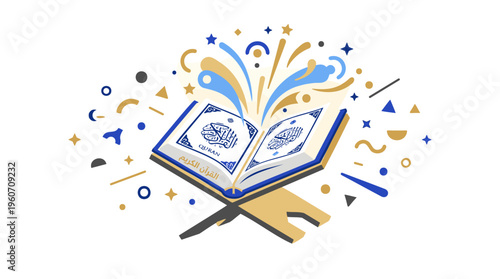Holy Quran on Stand with Abstract Spiritual Glow for Islamic Education & Celebration of Eid Hajj Arafah. Modern Flat Vector Illustration, Blue Gold Graphic.