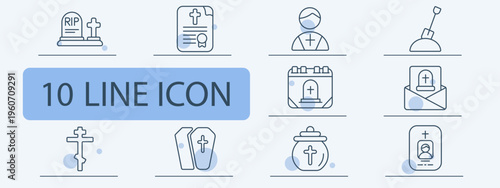 Funeral set icon. Tombstones, certificate, priest figure, grave shovel, calendar, memorial envelope, cross, coffin, urn, portrait stone. Burial ritual, remembrance service visuals