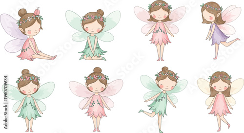 Eight whimsical fairy illustrations in various pastel colored dresses and hairstyles
