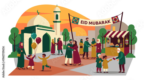 Muslim Community & Families Celebrating Eid al-Adha, Mosque, Bazaar, Gifts, Religious Festival & Togetherness, Flat Design Illustration, Warm Hues, Vector Artwork