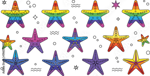 Colorful rainbow starfish collection with decorative patterns sea life cartoon elements vibrant ocean vector illustration set