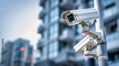 CCTV cameras and loudspeakers are mounted on a pole outside an apartment building during bright daylight with clear visibility of the surroundings