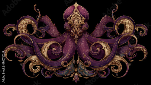 Elaborate Ornamental Octopus Emblem Adorned with Golden Filigree and Rich Purple Accents, a Majestic Cephalopod Design Evoking Mystical Ancient Luxury