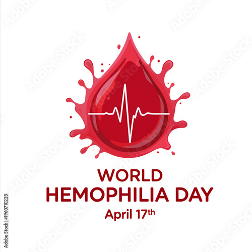 Stylized illustration for Hemophilia Day awareness, depicting a red blood drop with a white heartbeat line, symbolizing global medical support for bleeding disorders