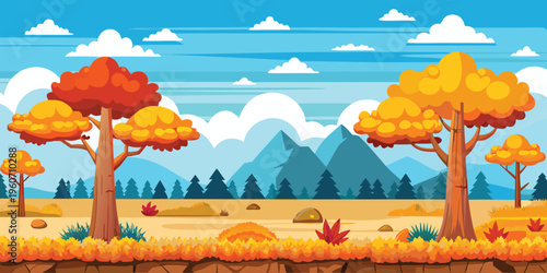 A minimalist flat vector illustration of majestic mountains during a warm golden orange sunset