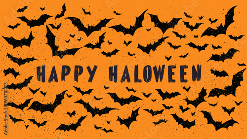 Dynamic Halloween illustration with flying bats and distressed text, creating a festive yet eerie atmosphere for seasonal autumn celebrations and holiday greetings