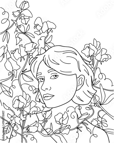 Spring Woman Portrait with Flowers Coloring Page, Hand Drawing Line Art